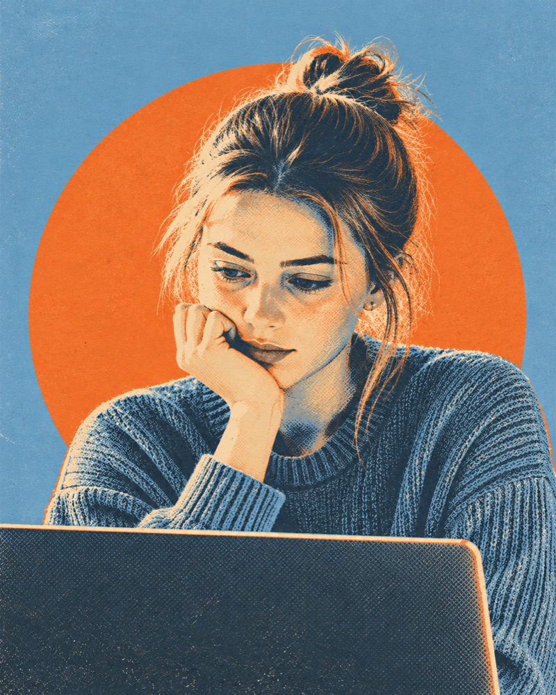 Student considering an admissions decision in front of a laptop