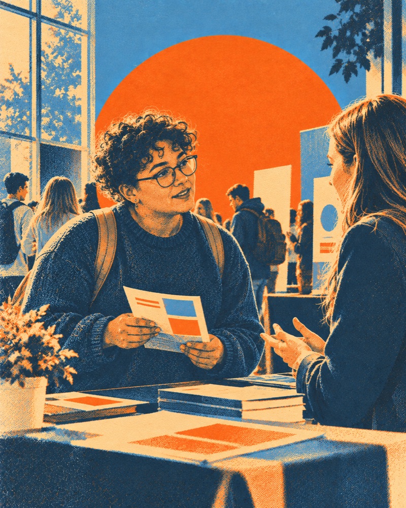 Prospective student speaking with a representative at an open day