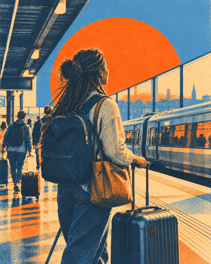 Prospective student waiting for a train with luggage before relocating