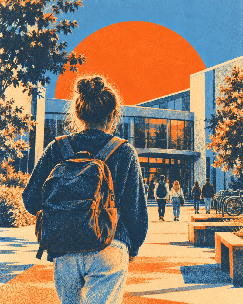New student with a backpack walking towards a university building