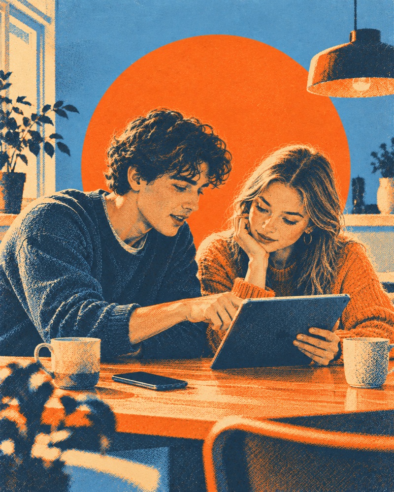 Two prospective students comparing study options on a tablet
